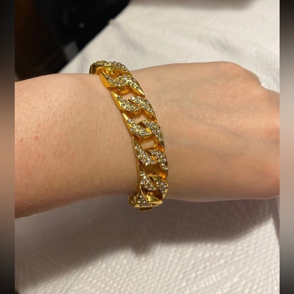 Gold tone Bracelet Cuban Link Cubic Zirconia. - Picture 3 of 4